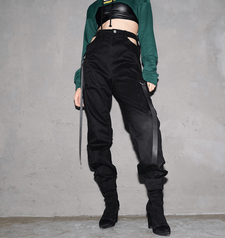 Women Black High Waist Pencil Pants Pockets Patckwork Hollow Out Pants Fashion Women Streetwear Cargo Pants Women Pants - Amazitshop