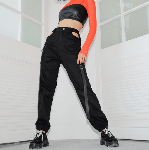 Women Black High Waist Pencil Pants Pockets Patckwork Hollow Out Pants Fashion Women Streetwear Cargo Pants Women Pants - Amazitshop