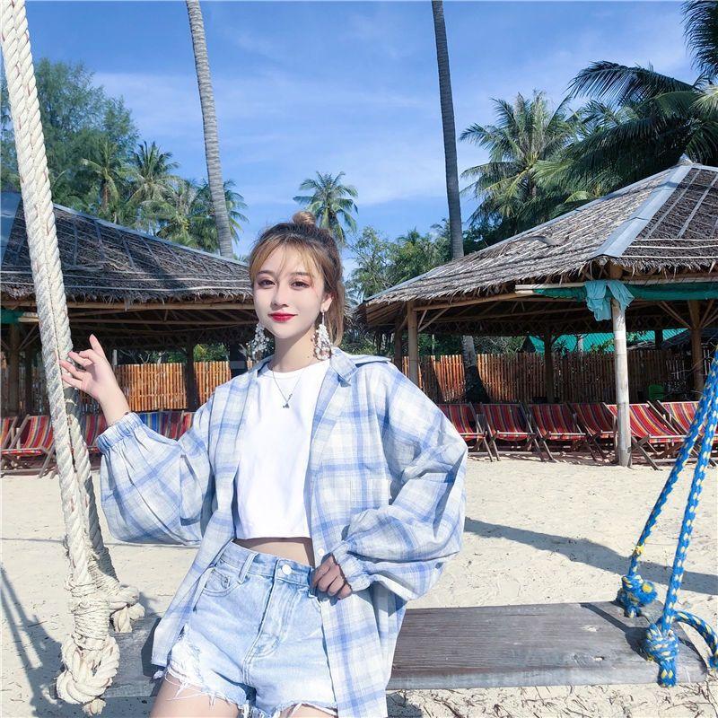 Women Blouses Shirts Plaid Oversize Thin Casual Sun - protect - Amazitshop