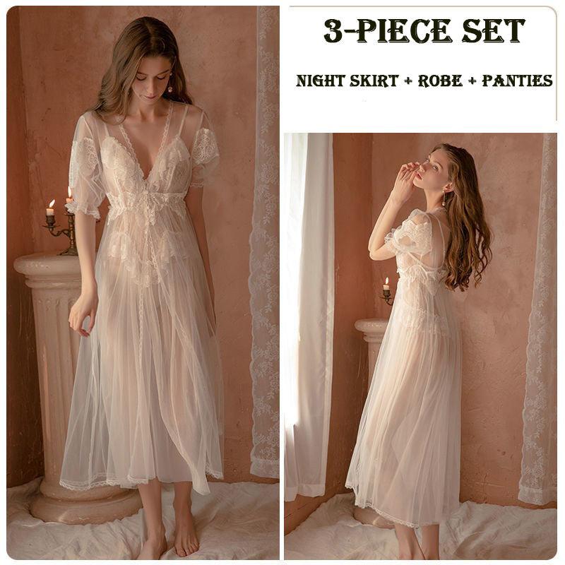 Women Chemise White Polyester Lace Sheer Stretch Chemise Overcoat Panty 3 - Piece Set Sexy Lingerie Outfit - Amazitshop