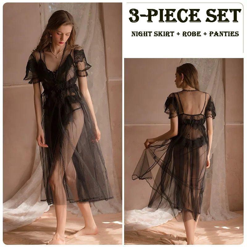 Women Chemise White Polyester Lace Sheer Stretch Chemise Overcoat Panty 3 - Piece Set Sexy Lingerie Outfit - Amazitshop