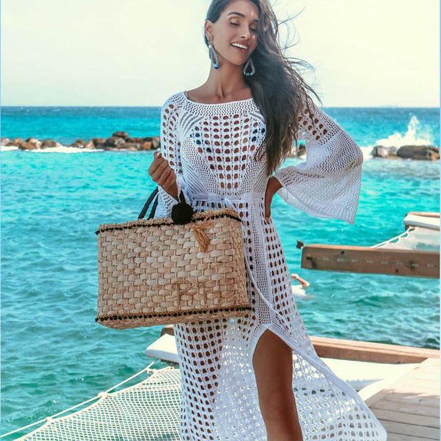 Women Crochet Beach Knitted Beach Cover Up Dress Tunic Long - Amazitshop