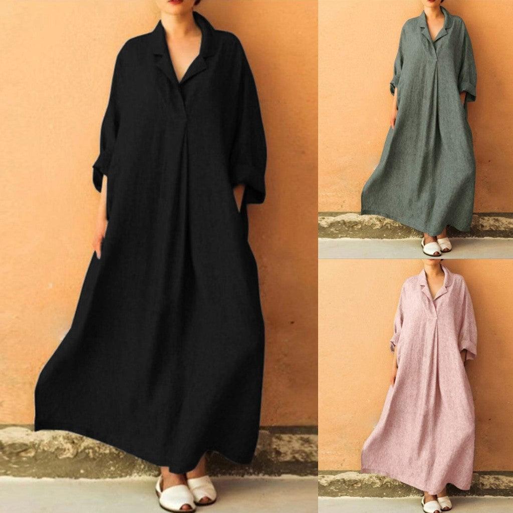 Women Dress Loose Casual Ankle Length Office Lady Dress Solid Lantern Sleeve Bohemian Loose Waist Women Dress - Amazitshop