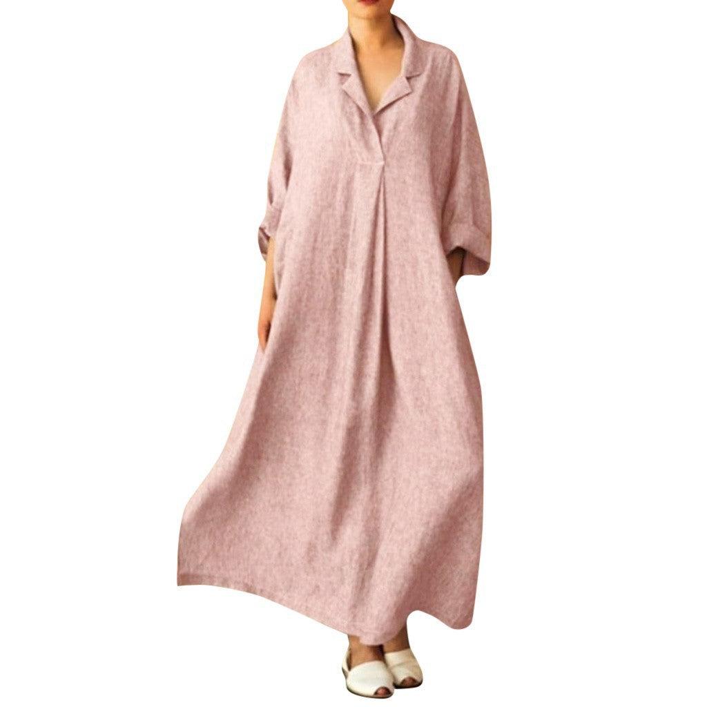Women Dress Loose Casual Ankle Length Office Lady Dress Solid Lantern Sleeve Bohemian Loose Waist Women Dress - Amazitshop