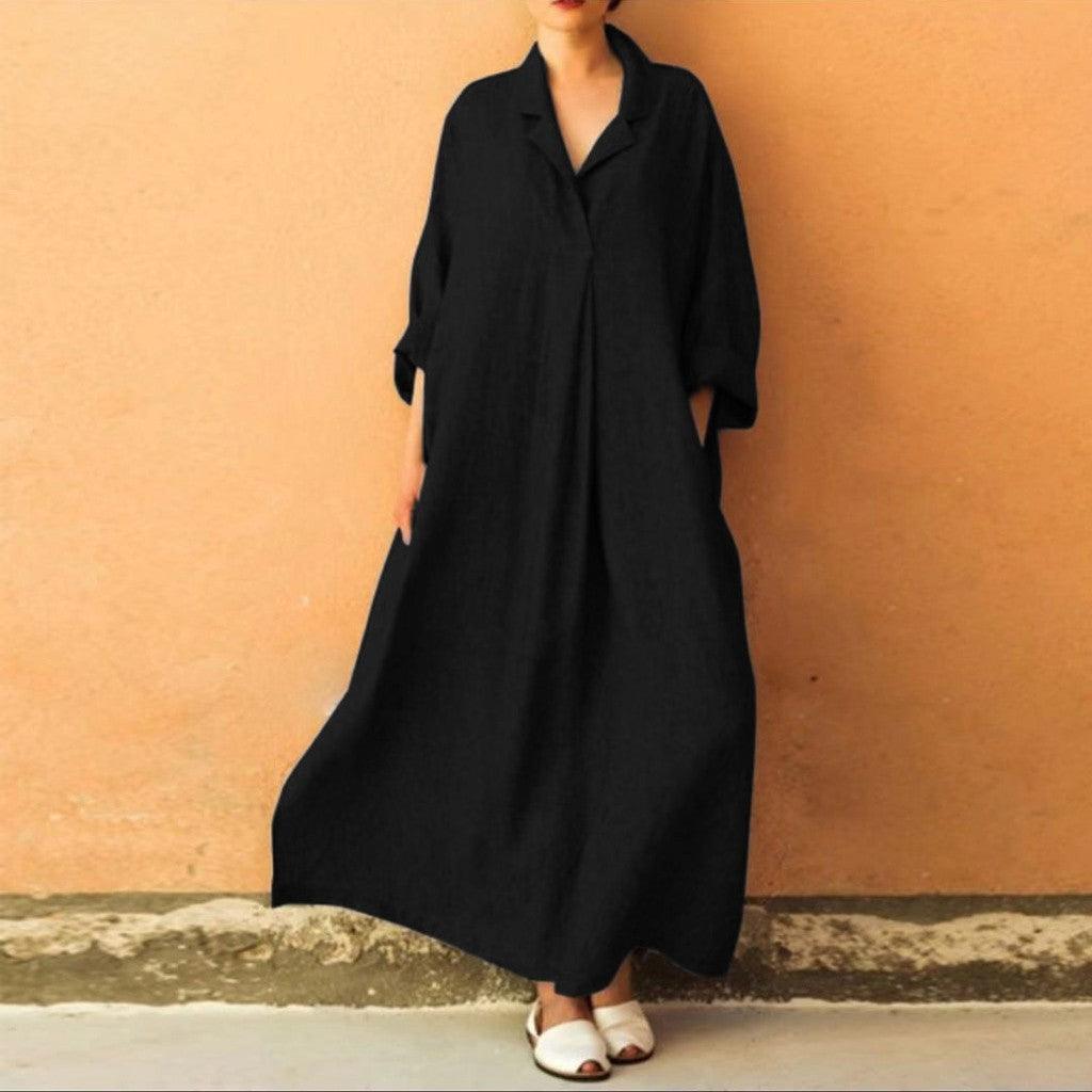 Women Dress Loose Casual Ankle Length Office Lady Dress Solid Lantern Sleeve Bohemian Loose Waist Women Dress - Amazitshop
