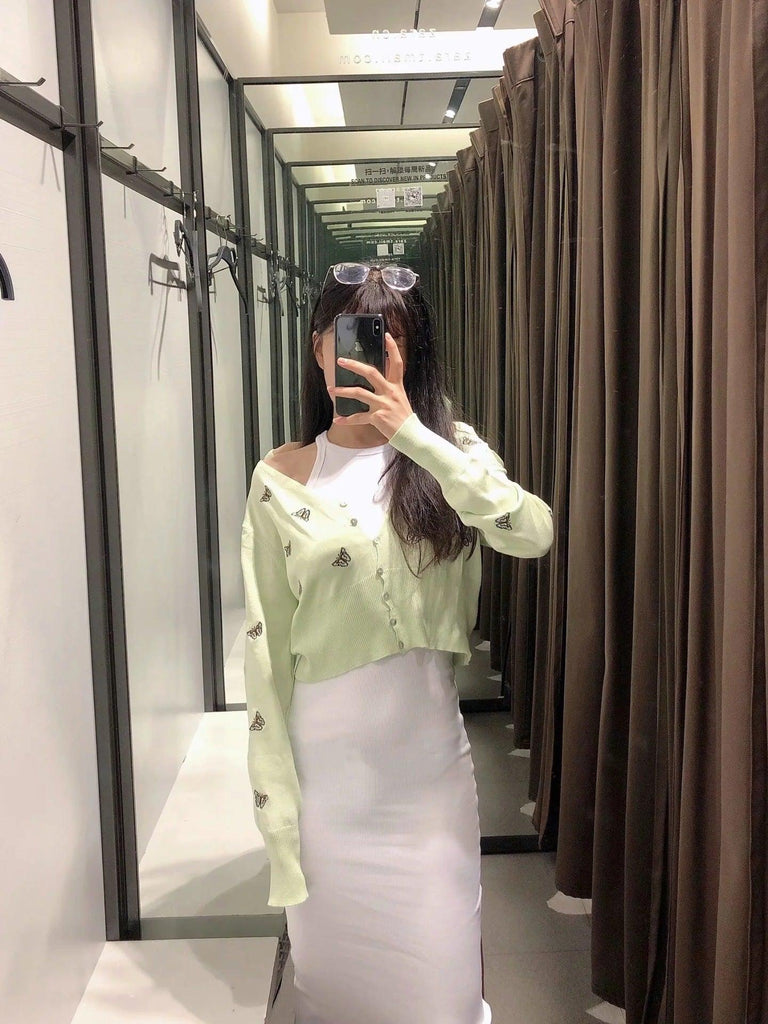 Women Fashion Butterfly Embroidery Cropped Knitted Blouses Vintage - Amazitshop