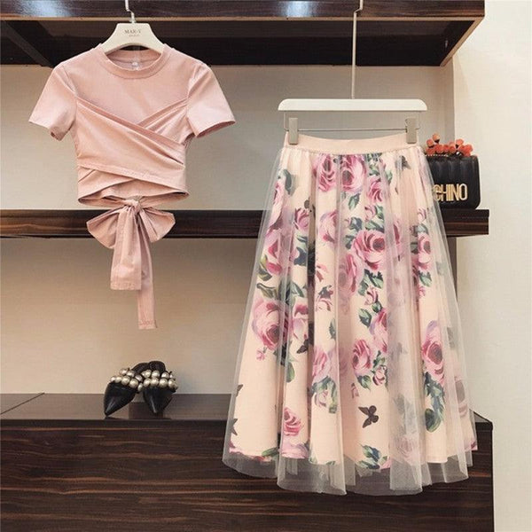 Women Irregular T Shirt Mesh Skirts Suits Tops Vintage Skirt - Amazitshop