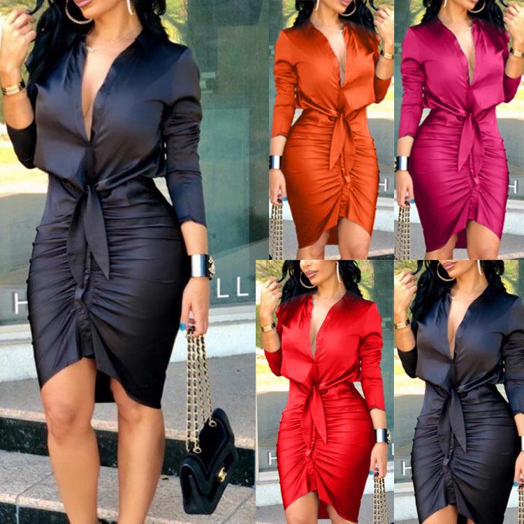 Women Lace - up Solid Color Long Sleeve Midi Dress Shirt Dress Elegant Fashion Party Dress - Amazitshop