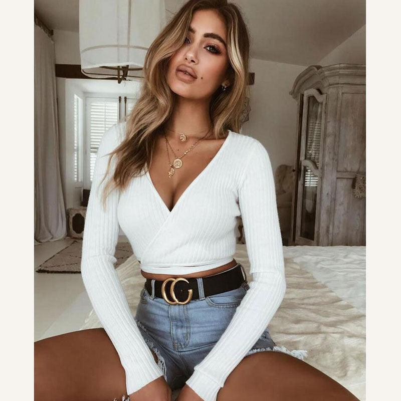 Women Ladies Summer Slim Crop Tops Long Sleeve T Shirt Casual Solid V Neck Knitted Short Tops - Amazitshop