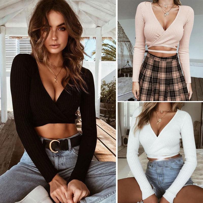 Women Ladies Summer Slim Crop Tops Long Sleeve T Shirt Casual Solid V Neck Knitted Short Tops - Amazitshop