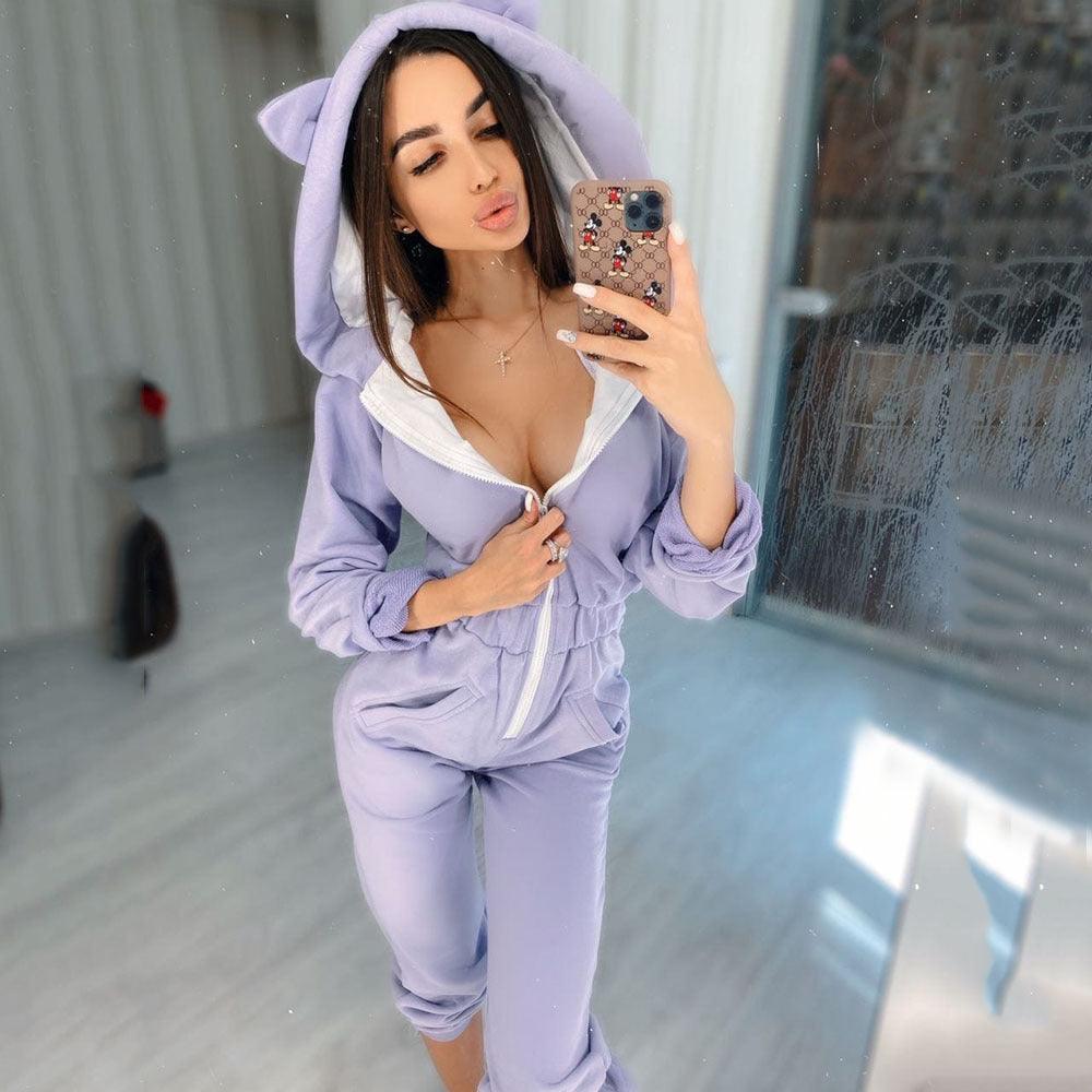 Women Lounge Wear Cotton Solid Jumpsuit Sports Casual Rompers Female Long Sleeve Pocket - Amazitshop