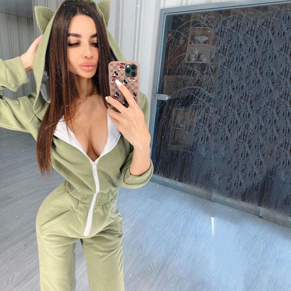 Women Lounge Wear Cotton Solid Jumpsuit Sports Casual Rompers Female Long Sleeve Pocket - Amazitshop