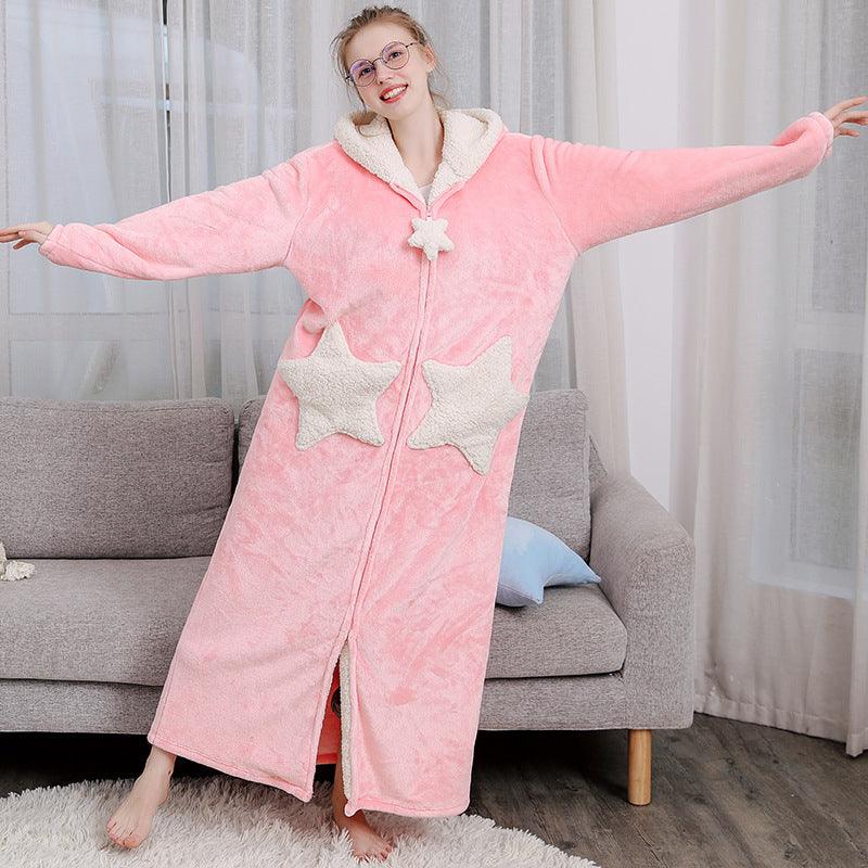 Women Men Winter Bath Robe Hooded Night Dress Gown Sleepwear - Amazitshop