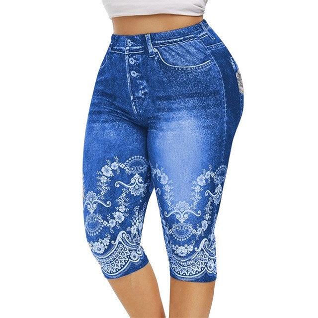 Women Mid - Calf Leggings Imitate Jeans Printed Stretch - Amazitshop