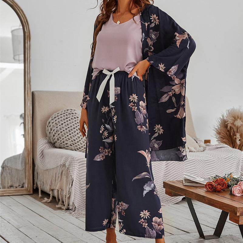Women Pajamas Set Viscose Floral Printed Female Loose Sleepwear Nightwearar - Amazitshop
