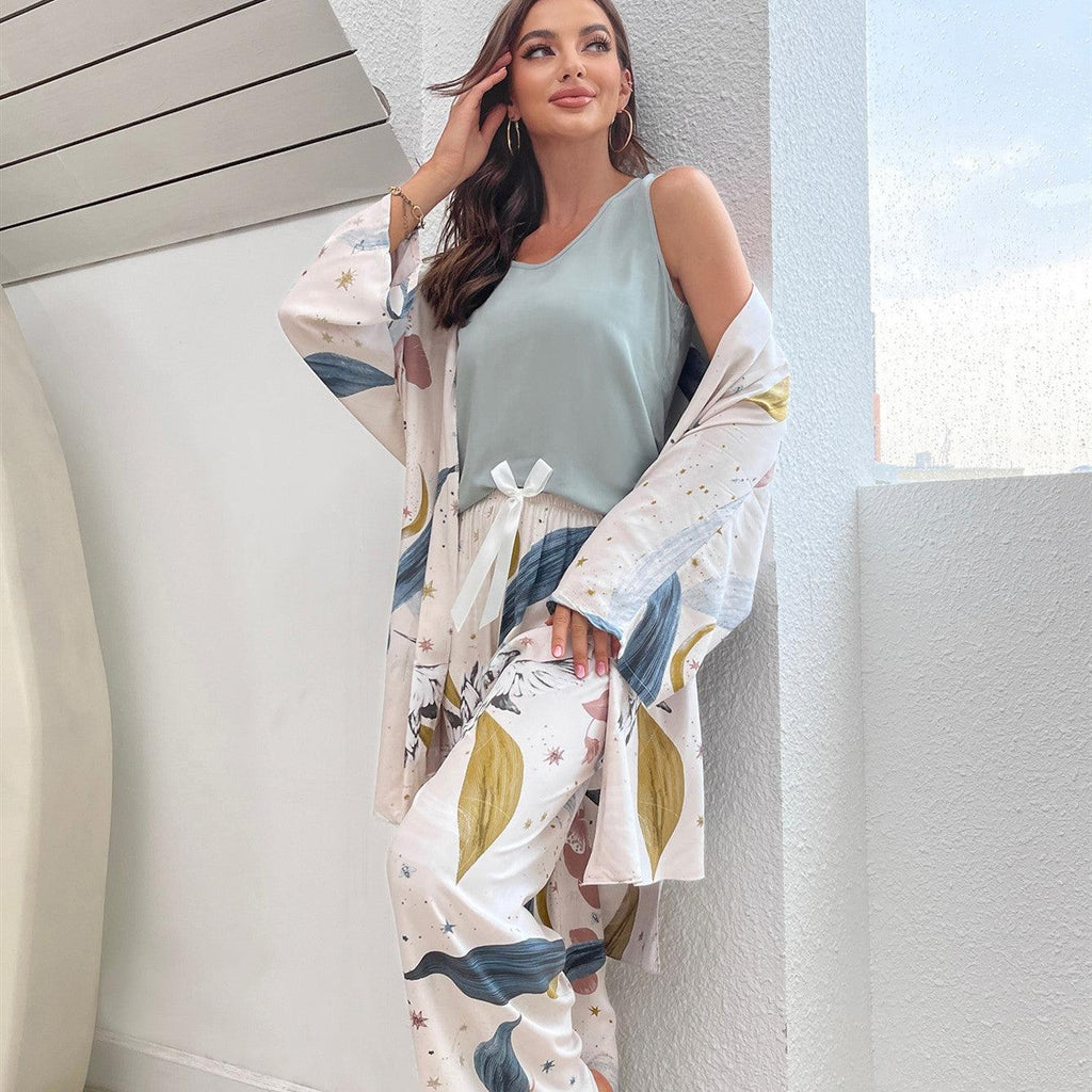 Women Pajamas Set Viscose Floral Printed Female Loose Sleepwear Nightwearar - Amazitshop