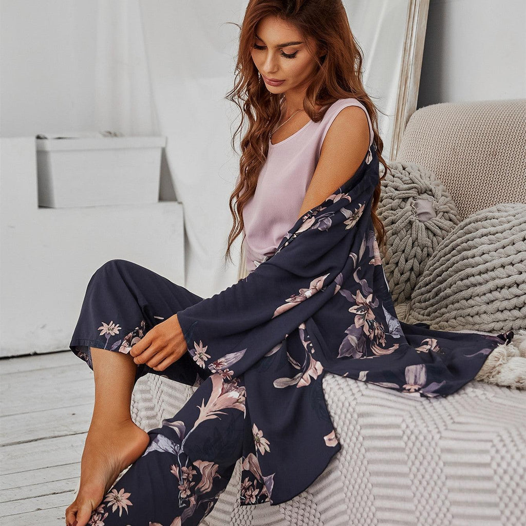 Women Pajamas Set Viscose Floral Printed Female Loose Sleepwear Nightwearar - Amazitshop