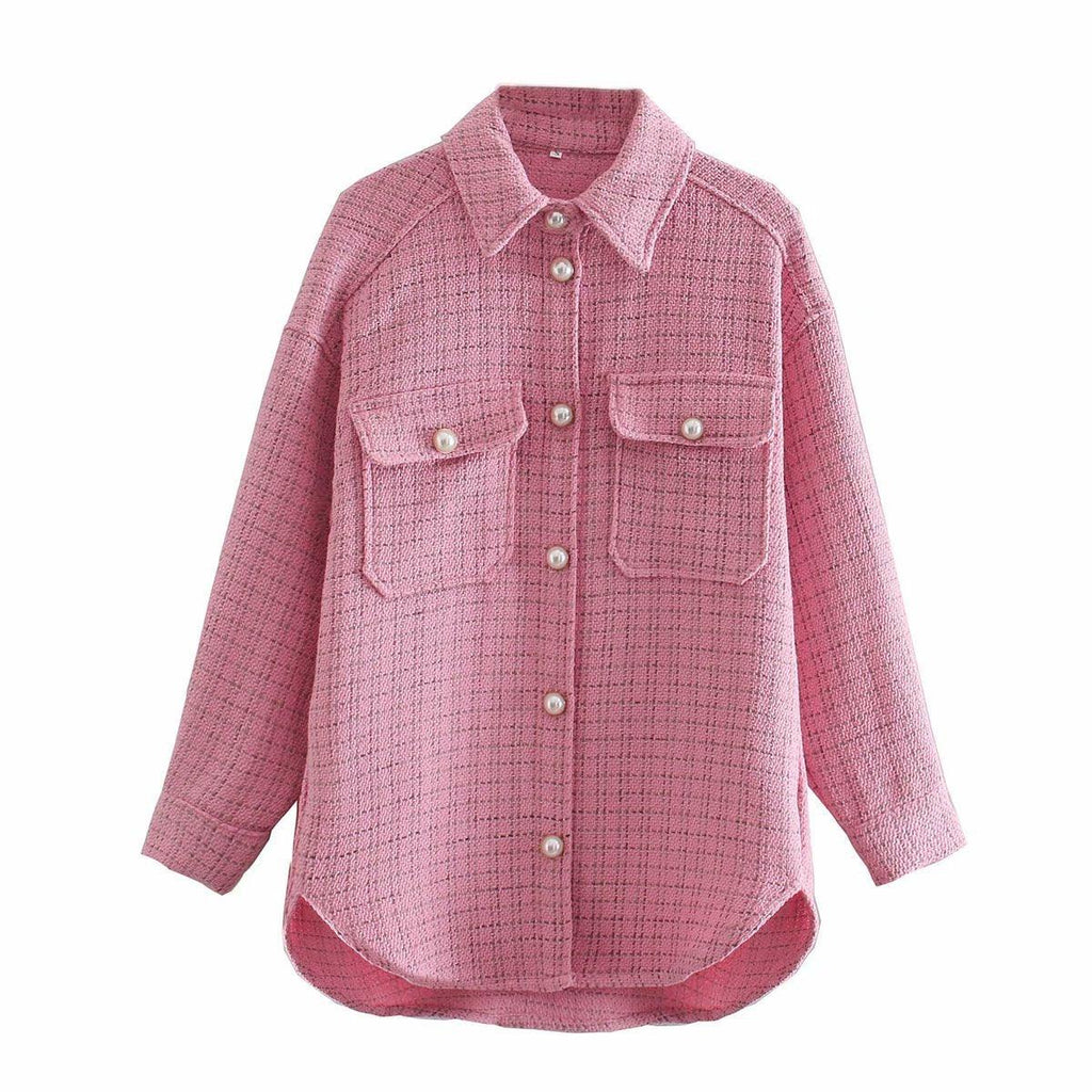 Women Plaid Pattern Thick Coats Jacket Pearl Buttons Long Sleeves Pocket Ladies Elegant Autumn Winter Coat - Amazitshop