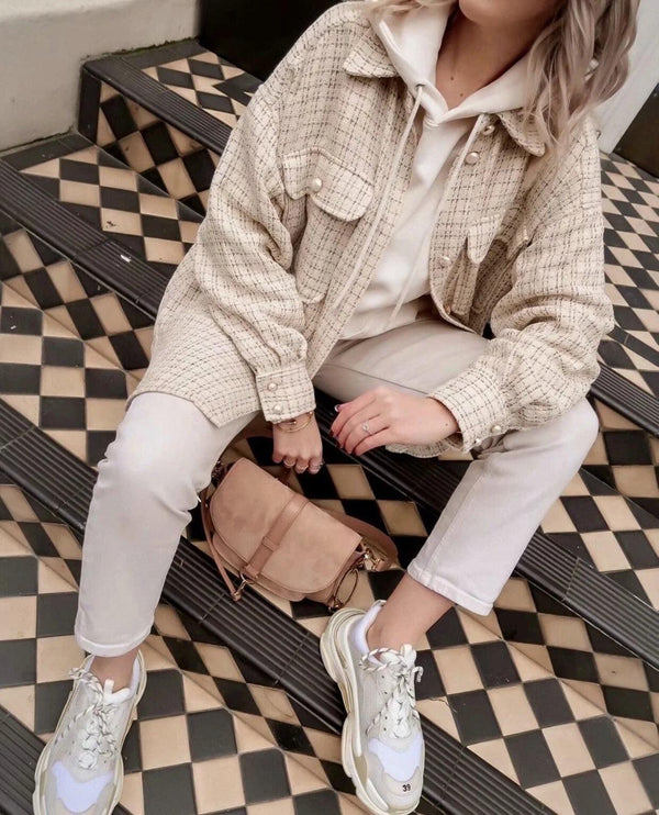 Women Plaid Pattern Thick Coats Jacket Pearl Buttons Long Sleeves Pocket Ladies Elegant Autumn Winter Coat - Amazitshop
