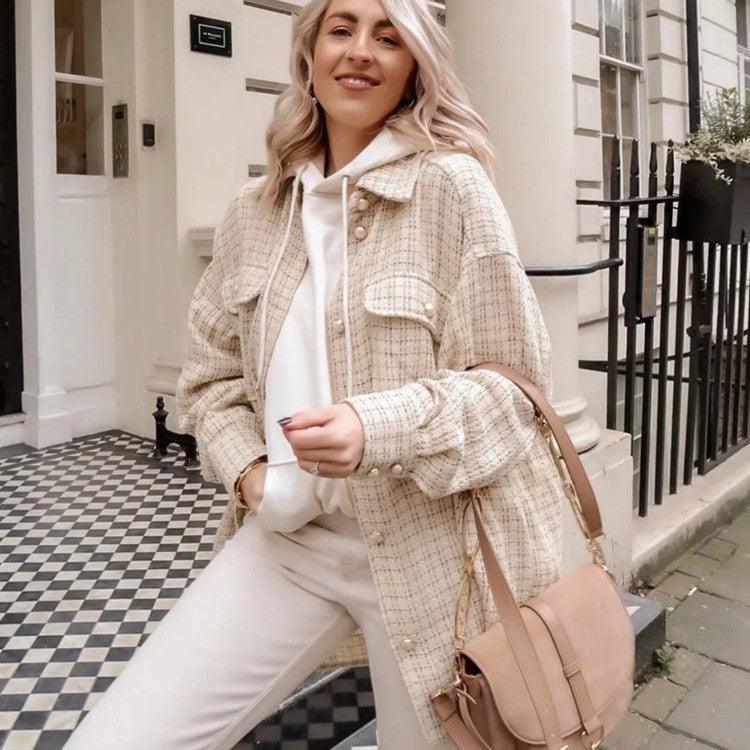 Women Plaid Pattern Thick Coats Jacket Pearl Buttons Long Sleeves Pocket Ladies Elegant Autumn Winter Coat - Amazitshop