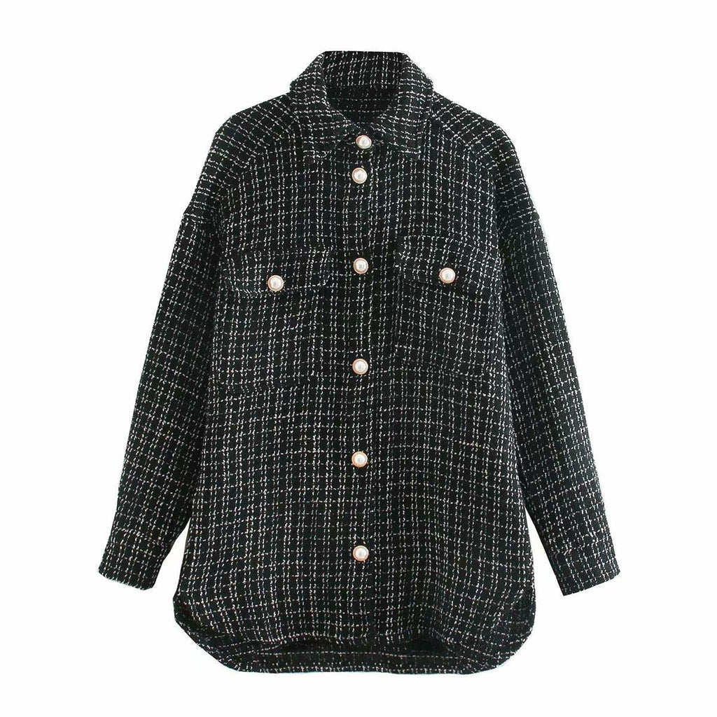 Women Plaid Pattern Thick Coats Jacket Pearl Buttons Long Sleeves Pocket Ladies Elegant Autumn Winter Coat - Amazitshop