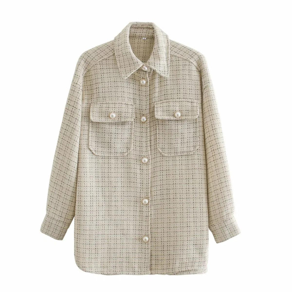 Women Plaid Pattern Thick Coats Jacket Pearl Buttons Long Sleeves Pocket Ladies Elegant Autumn Winter Coat - Amazitshop