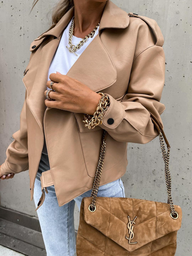 Women PU Leather Top Coat Jacket Loose - Amazitshop