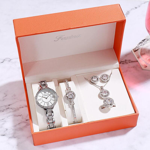 Women Quartz Watch Set Bracelet Necklace Ring Earrings Gift - Amazitshop