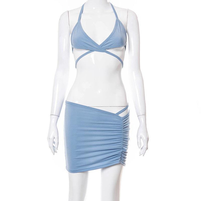 Women Ribbed Criss Cross Bandage Ruching Two Piece - Amazitshop
