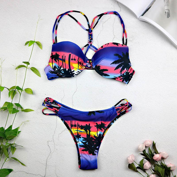 Women Sexy Swimwear Leaf Print Bikini Halter Swimsuit Bathing Suit Women Cute Bikini Set Monokini Underwire - Amazitshop