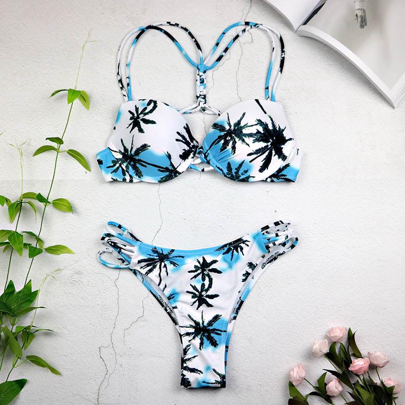Women Sexy Swimwear Leaf Print Bikini Halter Swimsuit Bathing Suit Women Cute Bikini Set Monokini Underwire - Amazitshop