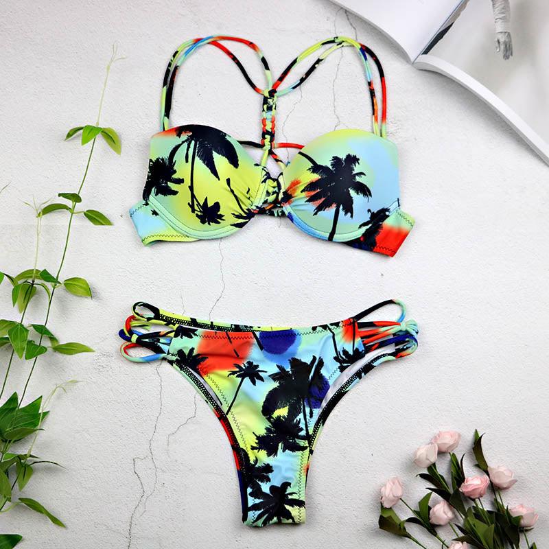 Women Sexy Swimwear Leaf Print Bikini Halter Swimsuit Bathing Suit Women Cute Bikini Set Monokini Underwire - Amazitshop