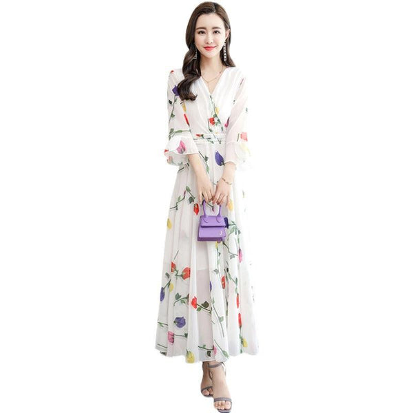 Women Short Sleeve Maxi Dress Fashion Bodycon V - neck White Print Runway Retro Chiffon Long Party Dresses Vestidos - Amazitshop
