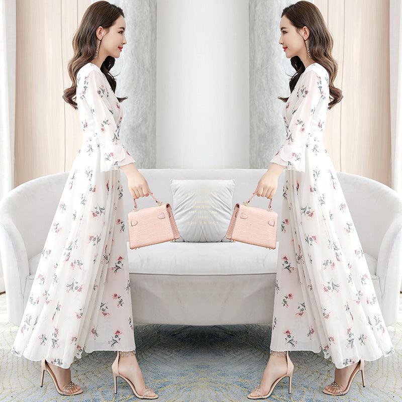 Women Short Sleeve Maxi Dress Fashion Bodycon V - neck White Print Runway Retro Chiffon Long Party Dresses Vestidos - Amazitshop