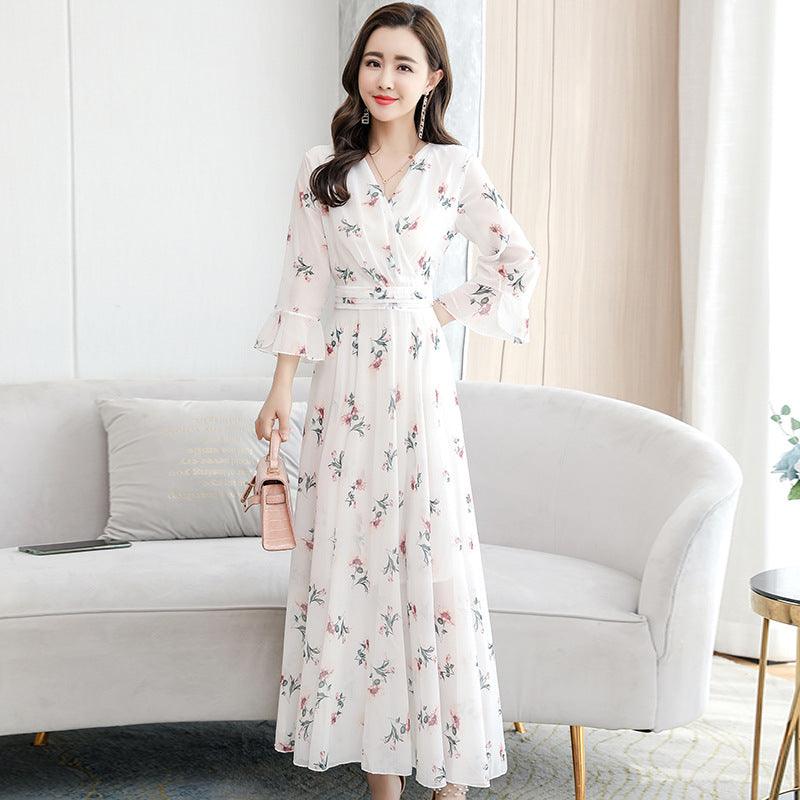 Women Short Sleeve Maxi Dress Fashion Bodycon V - neck White Print Runway Retro Chiffon Long Party Dresses Vestidos - Amazitshop