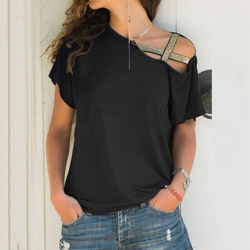 Women Skew Neck T-Shirt Summer Irregular Criss Cross Short Sleeves Sexy Off Shoulder Solid Tops Blusa Femme One Shoulder Shirt - Amazitshop