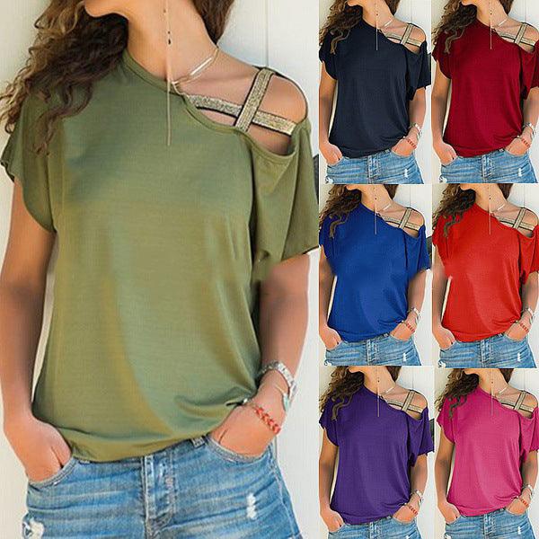 Women Skew Neck T-Shirt Summer Irregular Criss Cross Short Sleeves Sexy Off Shoulder Solid Tops Blusa Femme One Shoulder Shirt - Amazitshop