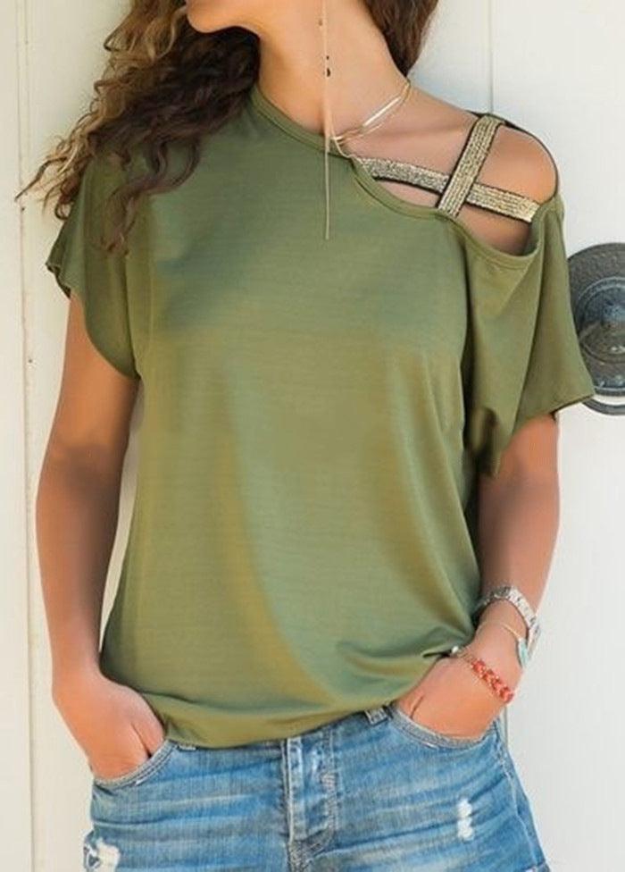 Women Skew Neck T-Shirt Summer Irregular Criss Cross Short Sleeves Sexy Off Shoulder Solid Tops Blusa Femme One Shoulder Shirt - Amazitshop