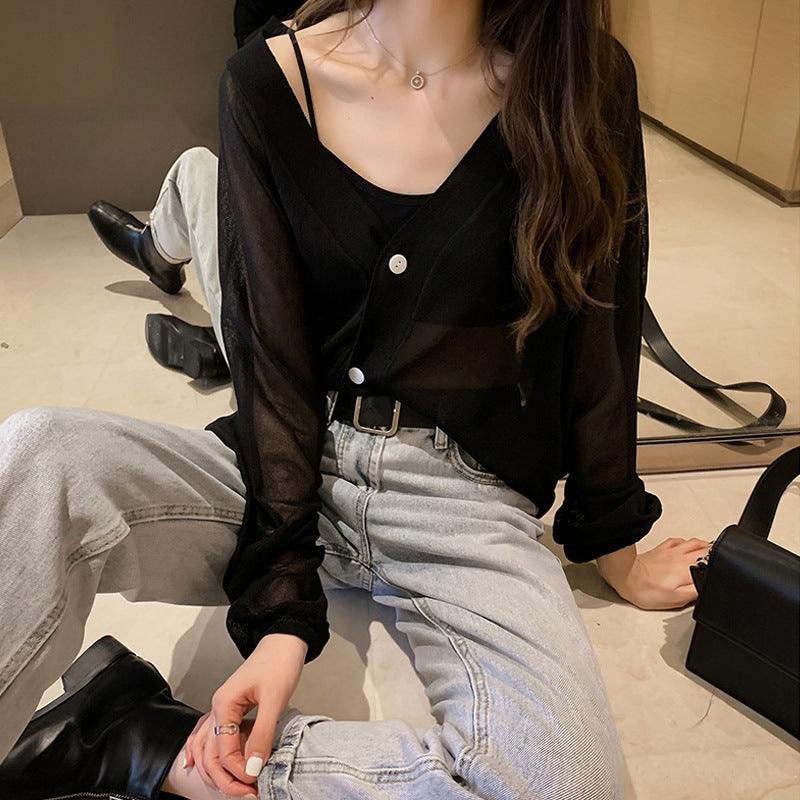 Women Spring Summer Cardigans V Neck Transparent - Amazitshop
