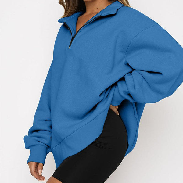 Women Sweatshirts Zip Turndown Collar Loose Casual Tops Clothes - Amazitshop