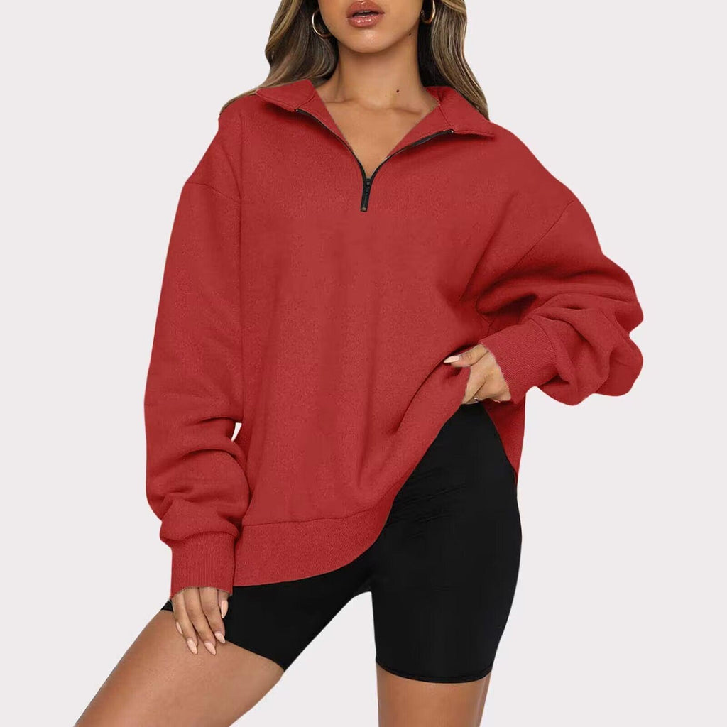 Women Sweatshirts Zip Turndown Collar Loose Casual Tops Clothes - Amazitshop
