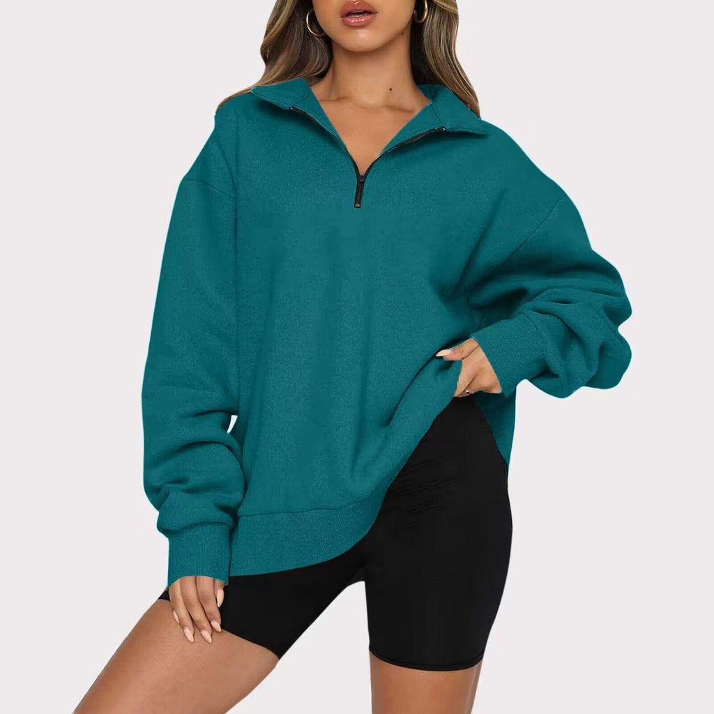 Women Sweatshirts Zip Turndown Collar Loose Casual Tops Clothes - Amazitshop