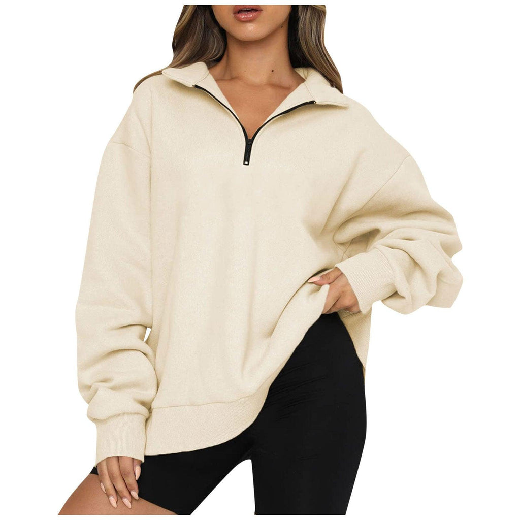 Women Sweatshirts Zip Turndown Collar Loose Casual Tops Clothes - Amazitshop