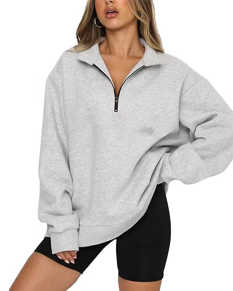 Women Sweatshirts Zip Turndown Collar Loose Casual Tops Clothes - Amazitshop