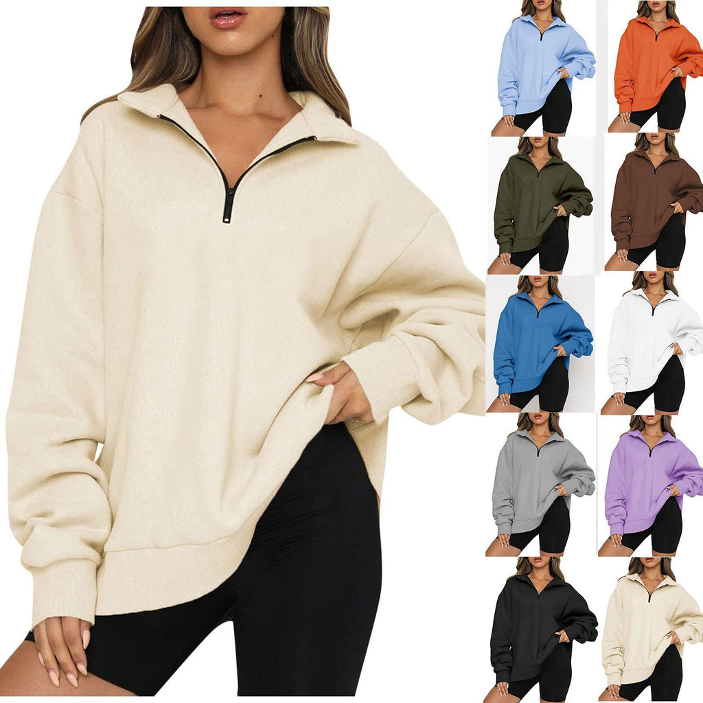 Women Sweatshirts Zip Turndown Collar Loose Casual Tops Clothes - Amazitshop