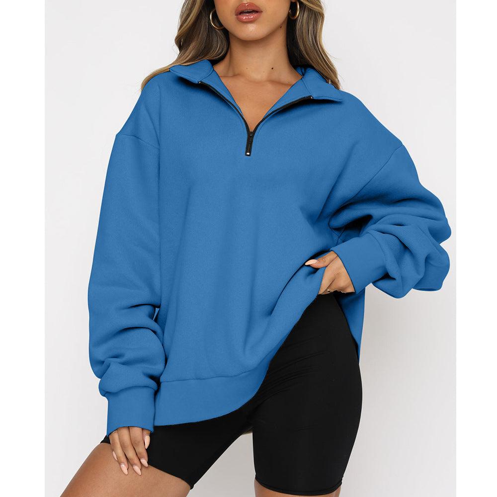 Women Sweatshirts Zip Turndown Collar Loose Casual Tops Clothes - Amazitshop