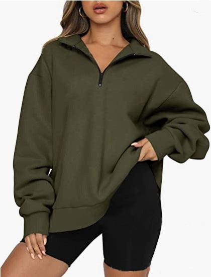 Women Sweatshirts Zip Turndown Collar Loose Casual Tops Clothes - Amazitshop