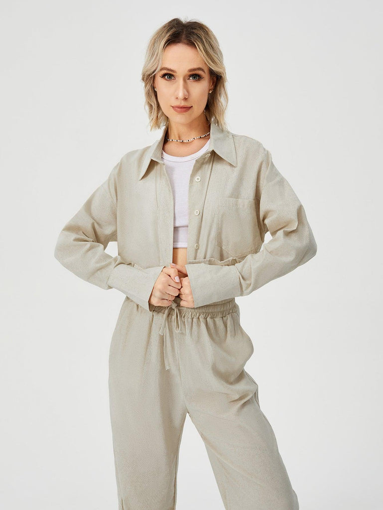 Women Two Piece Outfits For Women Long Sleeve Button Down Wide Leg Loungewear Pajama Set - Amazitshop