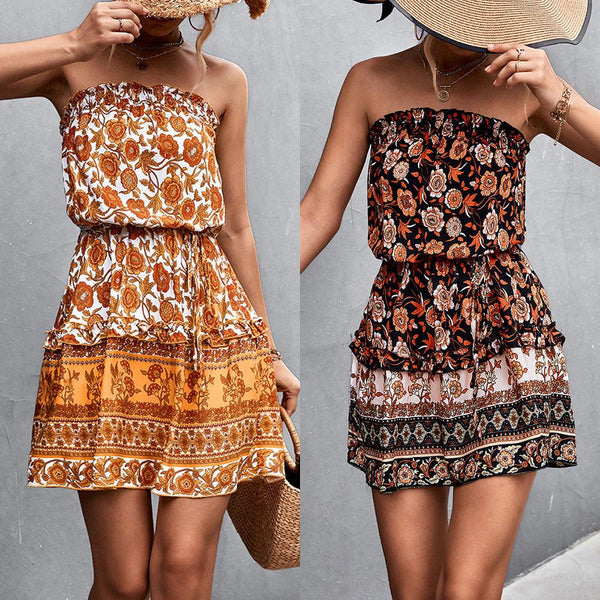 Women's Bohemian Floral Print Strapless Dress Summer Beach Dress - Amazitshop