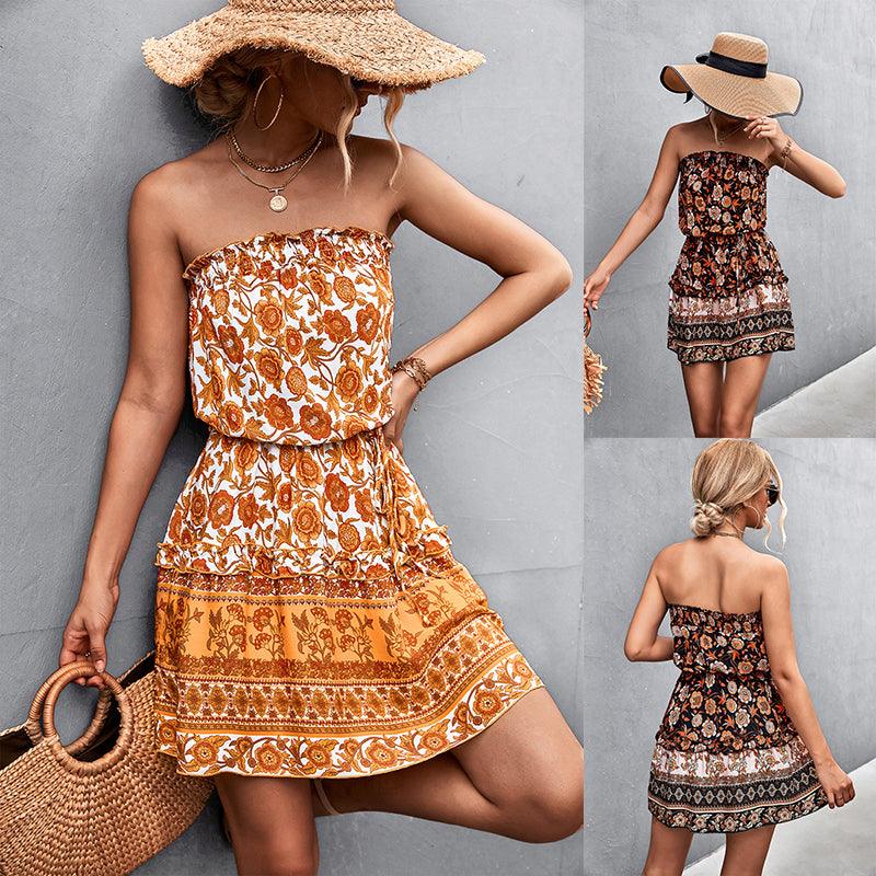 Women's Bohemian Floral Print Strapless Dress Summer Beach Dress - Amazitshop